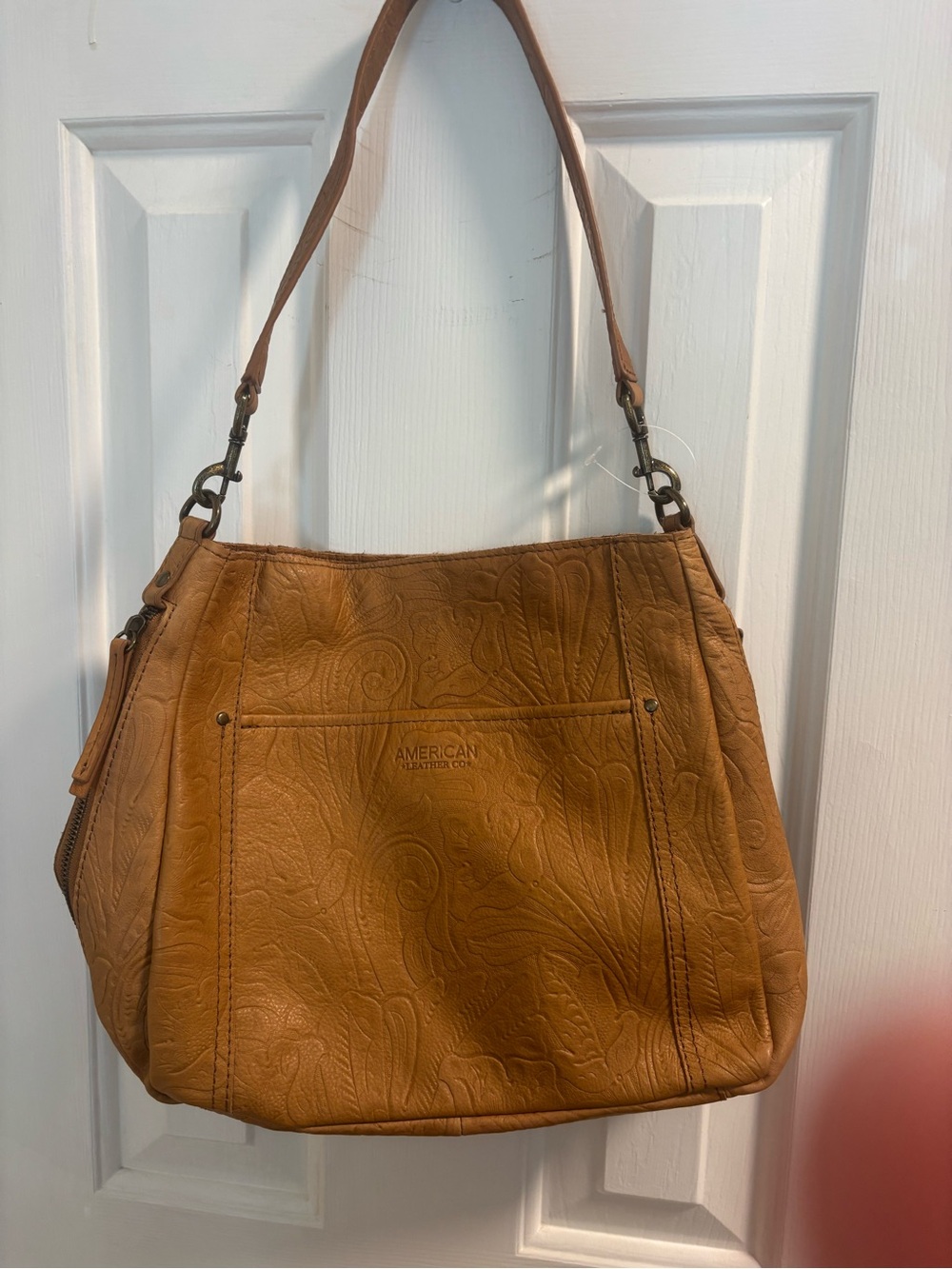 American Leather Co. Cognac Embossed Paisley Leather Hobo Shoulder Bag EUC